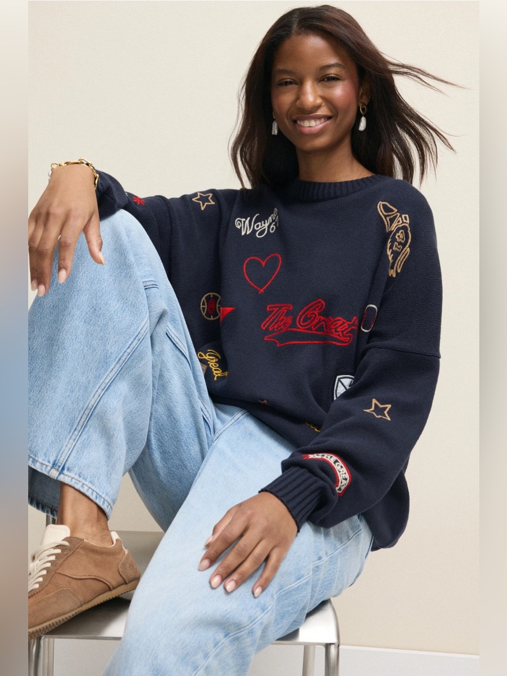 The Great.‎ Embroidered Oversized Crewneck Sweater Collegiate Preppy Football 0